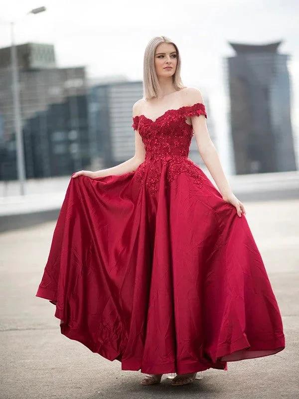 Ball Gown Off-the-Shoulder Satin Applique Sleeveless Floor-Length Prom Dresses by misshow.com