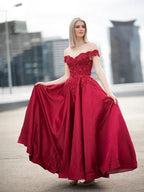Ball Gown Off-the-Shoulder Satin Applique Sleeveless Floor-Length Prom Dresses by misshow.com