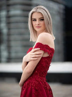 Ball Gown Off-the-Shoulder Satin Applique Sleeveless Floor-Length Prom Dresses by misshow.com