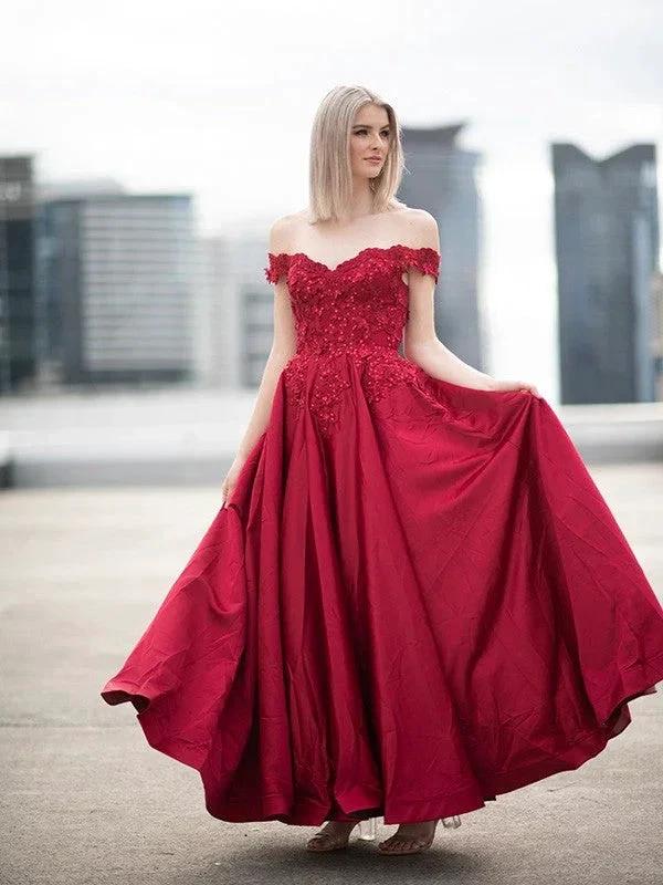Ball Gown Off-the-Shoulder Satin Applique Sleeveless Floor-Length Prom Dresses by misshow.com