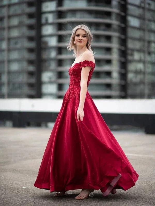 Ball Gown Off-the-Shoulder Satin Applique Sleeveless Floor-Length Prom Dresses by misshow.com