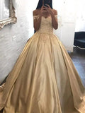 Ball Gown Off-the-Shoulder Sleeveless Applique Satin Prom Dresses by misshow.com
