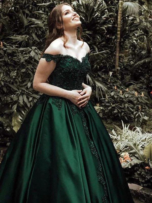 Ball Gown Off-the-Shoulder Sleeveless Floor-Length Lace Satin Prom Dresses by misshow.com