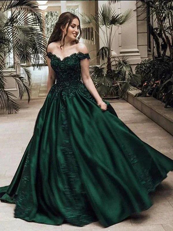 Ball Gown Off-the-Shoulder Sleeveless Floor-Length Lace Satin Prom Dresses by misshow.com