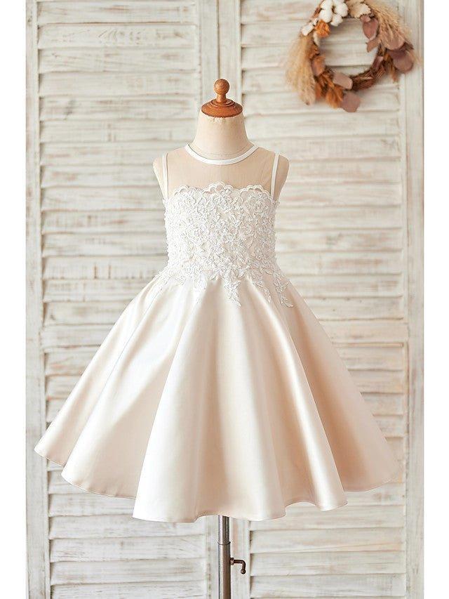 Ball Gown Satin Sleeveless Jewel Neck Wedding Birthday Flower Girl Dresses - photo 1