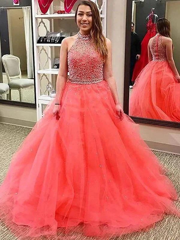 Ball Gown Sleeveless Halter Beading Floor-Length Tulle Prom Dresses by misshow.com