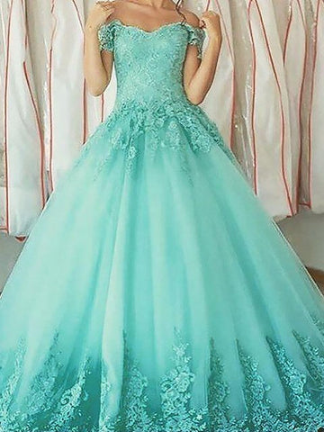 Vestidos de fiesta de tul con apliques, sin mangas y hombros descubiertos hasta el suelo
