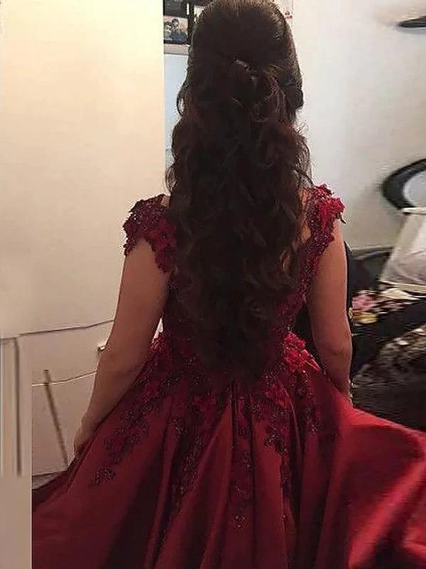 Ball Gown Sleeveless Off-the-Shoulder Applique Satin Floor-Length Prom Dresses by misshow.com