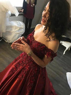 Ball Gown Sleeveless Off-the-Shoulder Applique Satin Floor-Length Prom Dresses by misshow.com