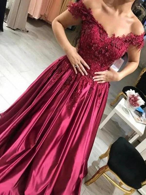 Ball Gown Sleeveless Off-the-Shoulder Applique Satin Floor-Length Prom Dresses by misshow.com