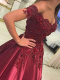 Ball Gown Sleeveless Off-the-Shoulder Applique Satin Floor-Length Prom Dresses by misshow.com