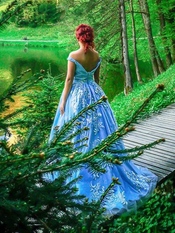 Ball Gown Sleeveless Off-the-Shoulder Applique Tulle Prom Dresses by misshow.com