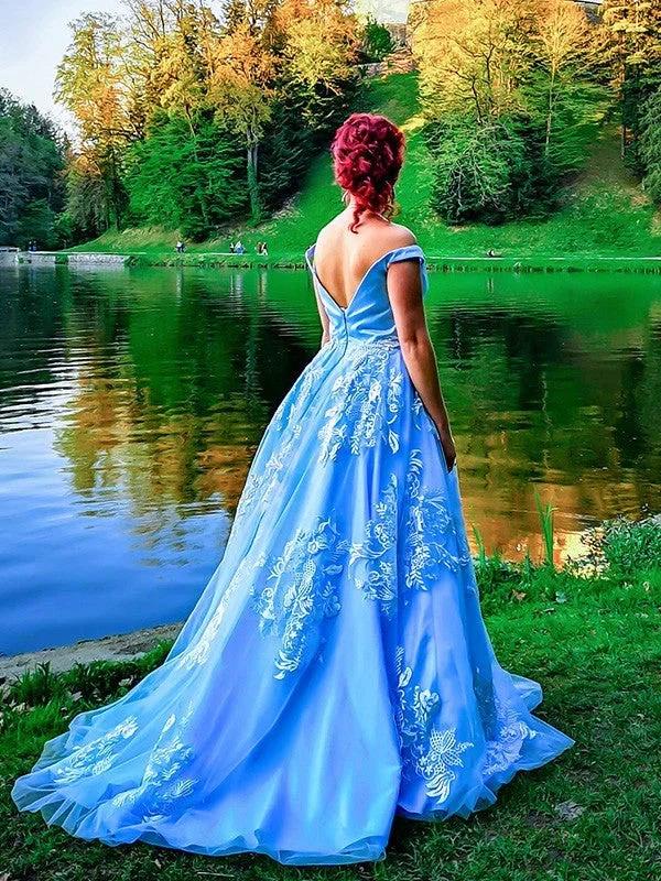Ball Gown Sleeveless Off-the-Shoulder Applique Tulle Prom Dresses by misshow.com