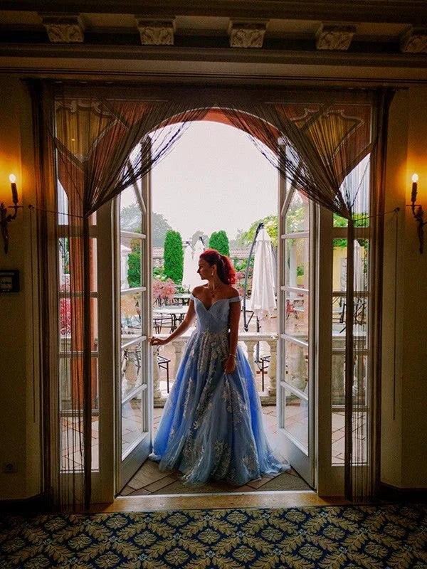 Ball Gown Sleeveless Off-the-Shoulder Applique Tulle Prom Dresses by misshow.com