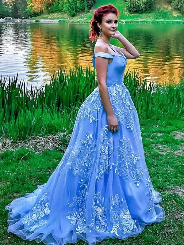 Ball Gown Sleeveless Off-the-Shoulder Applique Tulle Prom Dresses by misshow.com