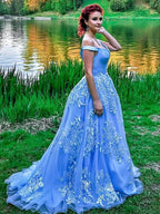 Ball Gown Sleeveless Off-the-Shoulder Applique Tulle Prom Dresses by misshow.com