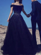 Ball Gown Sleeveless Off-the-Shoulder Beading Tulle Prom Dresses by misshow.com