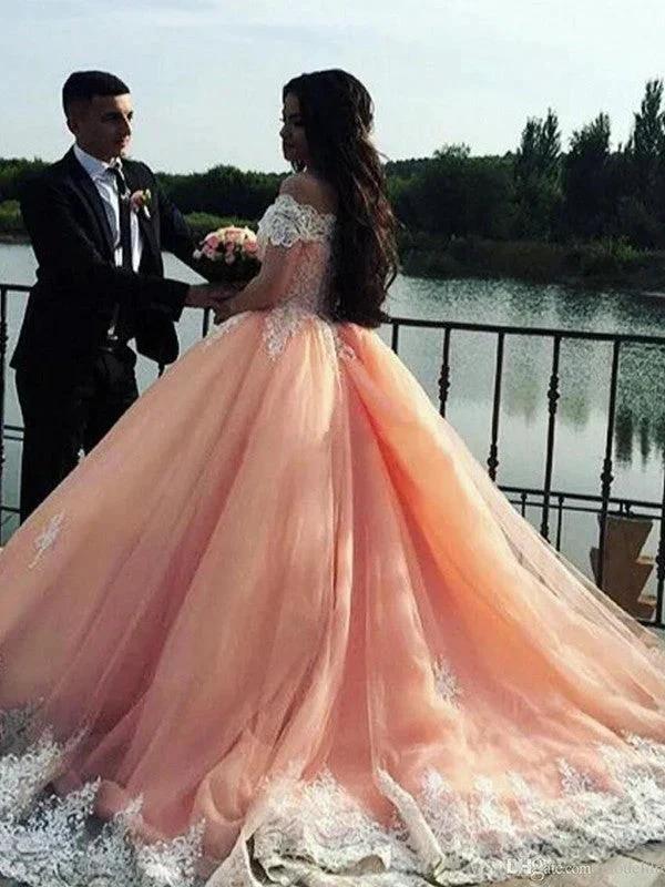 Ball Gown Sleeveless Off-the-Shoulder Court Train Tulle Lace Prom Dresses by misshow.com