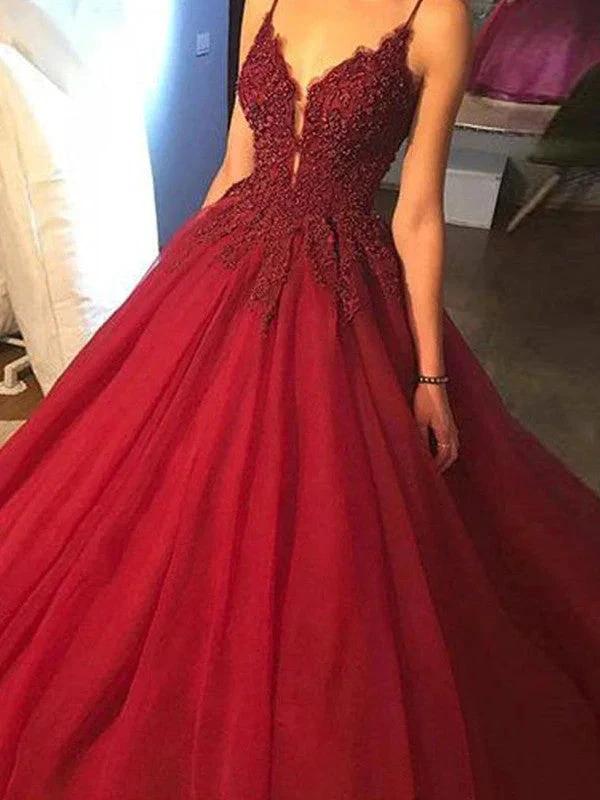Ball Gown Sleeveless Spaghetti Straps Applique Tulle Prom Dresses by misshow.com