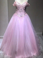 Ball Gown Sleeveless Spaghetti Straps Tulle Crystal Floor-Length Prom Dresses by misshow.com