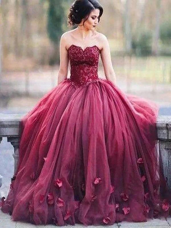 Ball Gown Sleeveless Sweetheart Applique Floor-Length Tulle Prom Dresses by misshow.com