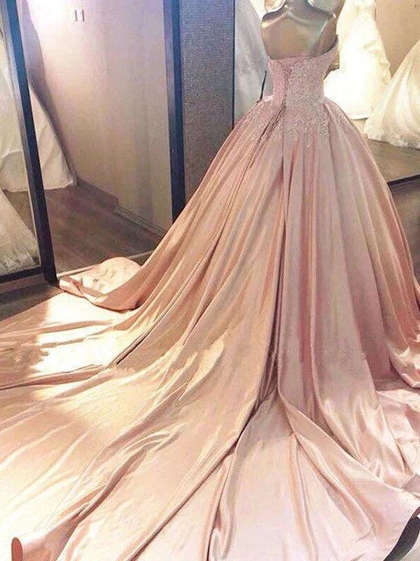 Ball Gown Sleeveless Sweetheart Court Train Lace Satin Prom Dresses by misshow.com