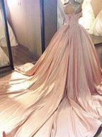 Ball Gown Sleeveless Sweetheart Court Train Lace Satin Prom Dresses by misshow.com
