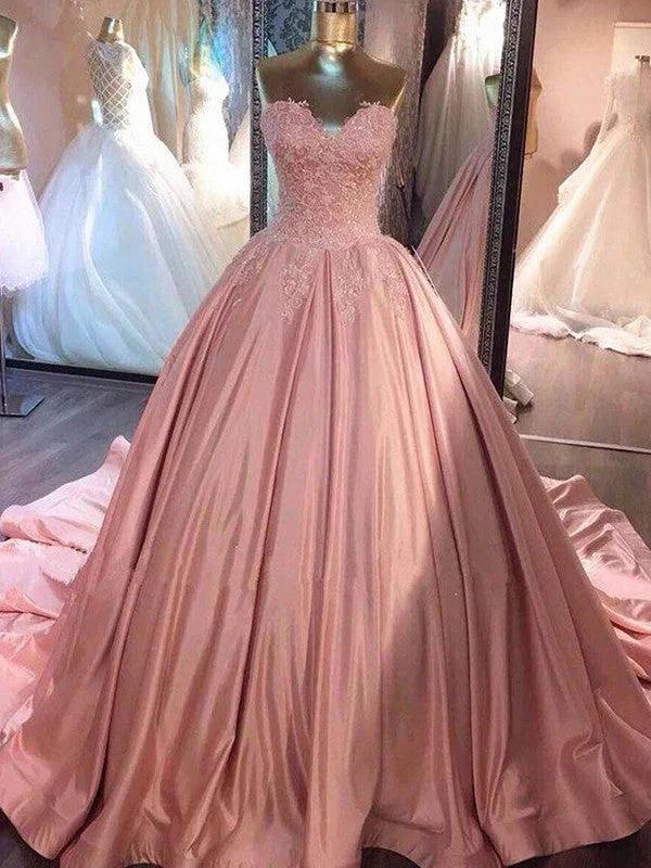 Ball Gown Sleeveless Sweetheart Court Train Lace Satin Prom Dresses by misshow.com
