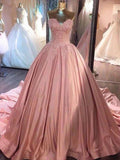 Ball Gown Sleeveless Sweetheart Court Train Lace Satin Prom Dresses by misshow.com