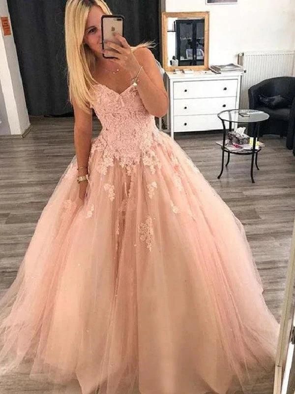 Ball Gown Sleeveless Sweetheart Floor-Length Applique Tulle Prom Dresses by misshow.com