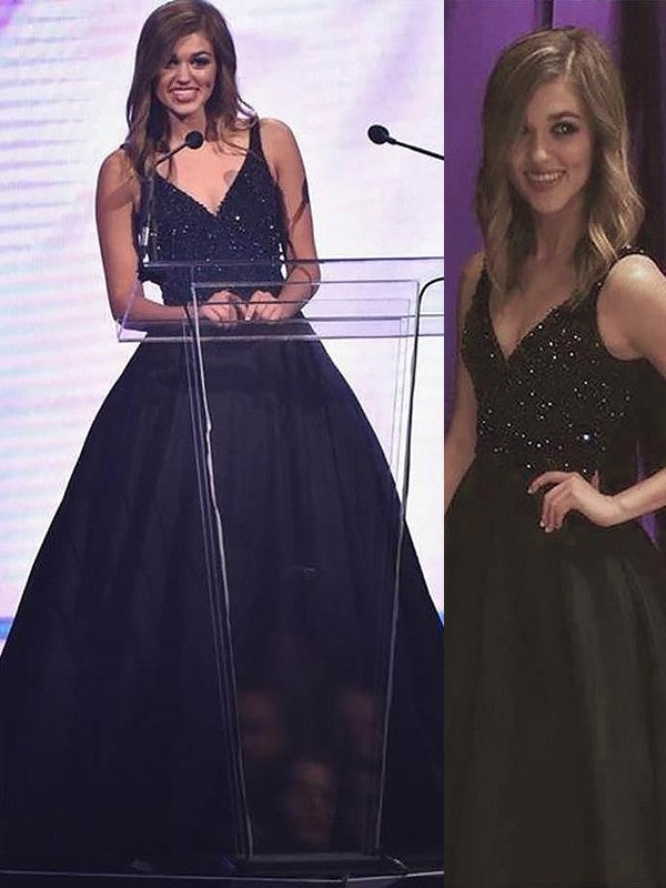 Ball Gown Sleeveless V-neck Beading Satin Prom Dresses Hover Image