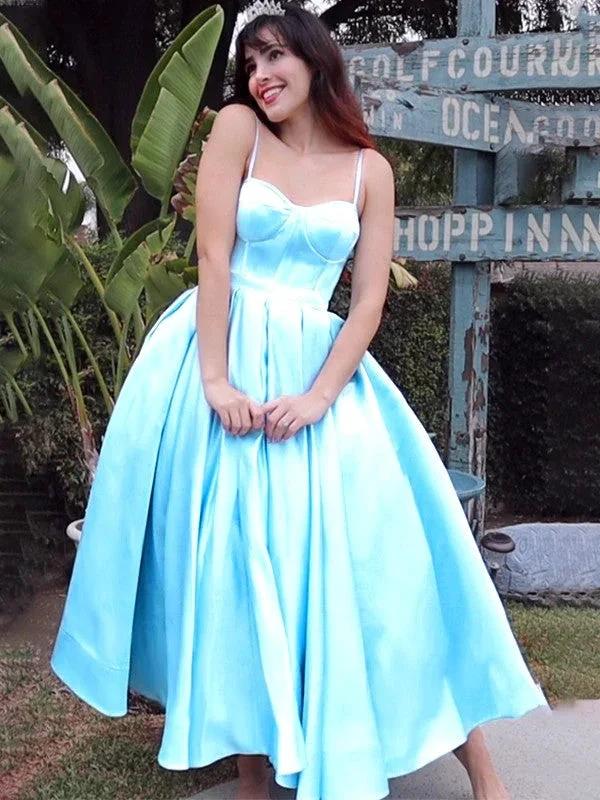 Ball Gown Spaghetti Straps Sleeveless Satin Ruffles Tea-Length Homecoming Prom Dresses by misshow.com