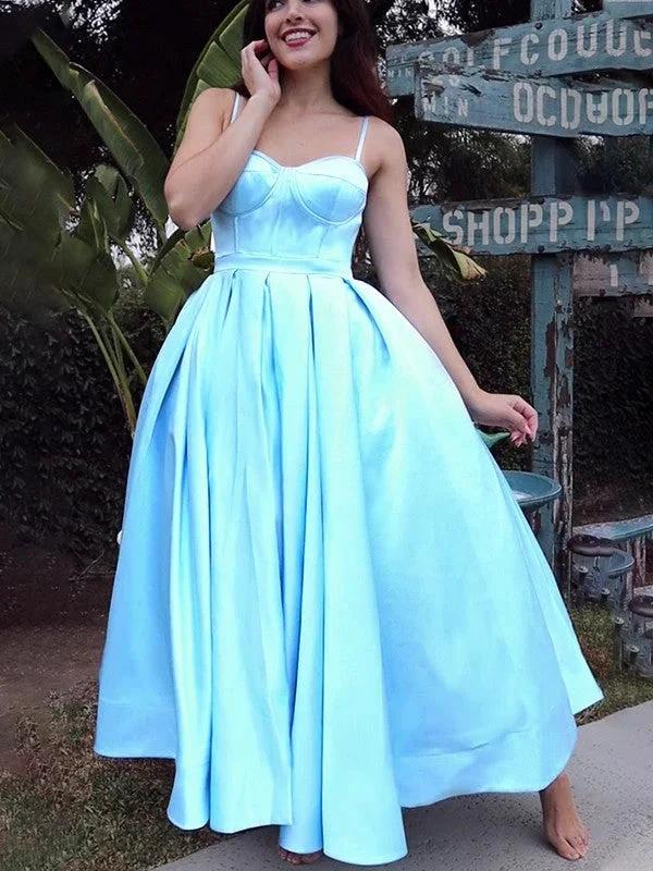 Ball Gown Spaghetti Straps Sleeveless Satin Ruffles Tea-Length Homecoming Prom Dresses by misshow.com