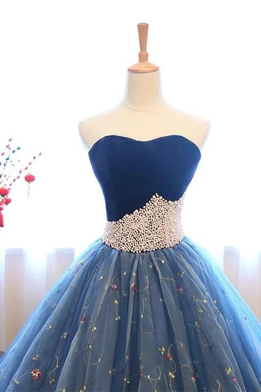 Ball Gown Strapless Embroidery Pearl Dark Blue Formal Prom Dresses by misshow.com