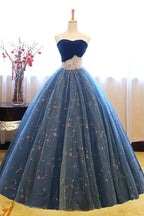Ball Gown Strapless Embroidery Pearl Dark Blue Formal Prom Dresses by misshow.com