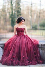 Ball Gown Sweetheart Burgundy Tulle Wedding Dress with Handmade Flowers WD238 by pgmdress