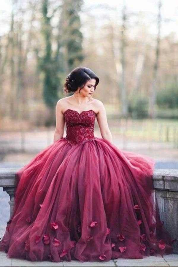 Ball Gown Sweetheart Burgundy Tulle Wedding Dress with Handmade Flowers WD238 by pgmdress
