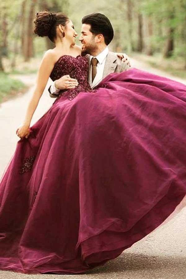 Ball Gown Sweetheart Burgundy Tulle Wedding Dress with Handmade Flowers WD238 by pgmdress