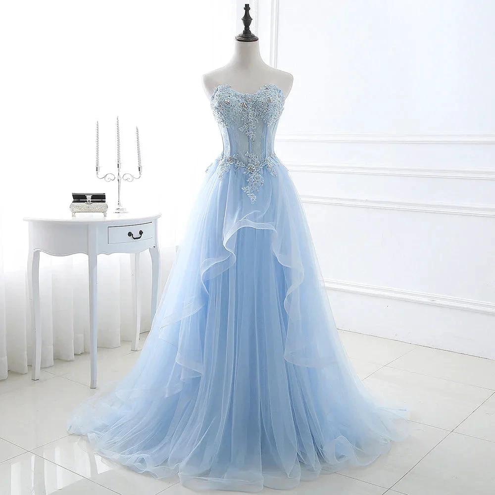 Ball Gown Sweetheart Tulle Sky Blue Prom Dress with Sequins by misshow.com