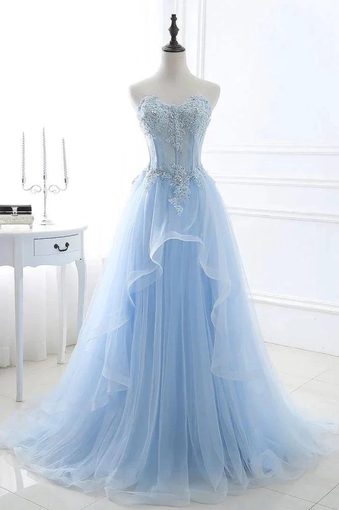 Ball Gown Sweetheart Tulle Sky Blue Prom Dress with Sequins by misshow.com