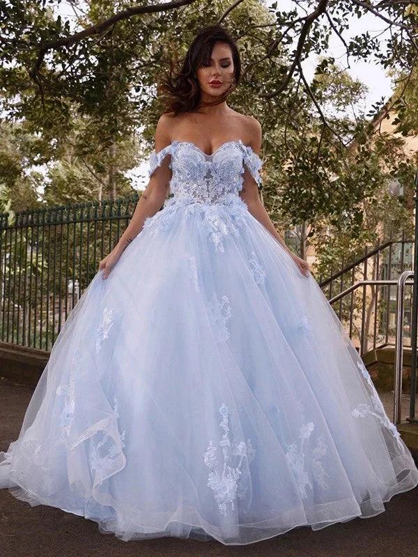 Ball Gown Tulle Applique Off-the-Shoulder Sleeveless Prom Dresses by misshow.com