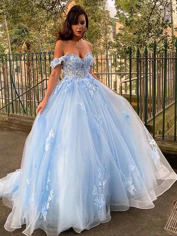 Ball Gown Tulle Applique Off-the-Shoulder Sleeveless Prom Dresses by misshow.com