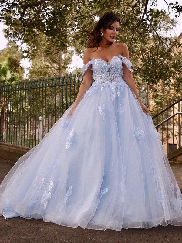Ball Gown Tulle Applique Off-the-Shoulder Sleeveless Prom Dresses by misshow.com
