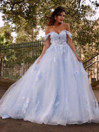 Ball Gown Tulle Applique Off-the-Shoulder Sleeveless Prom Dresses by misshow.com