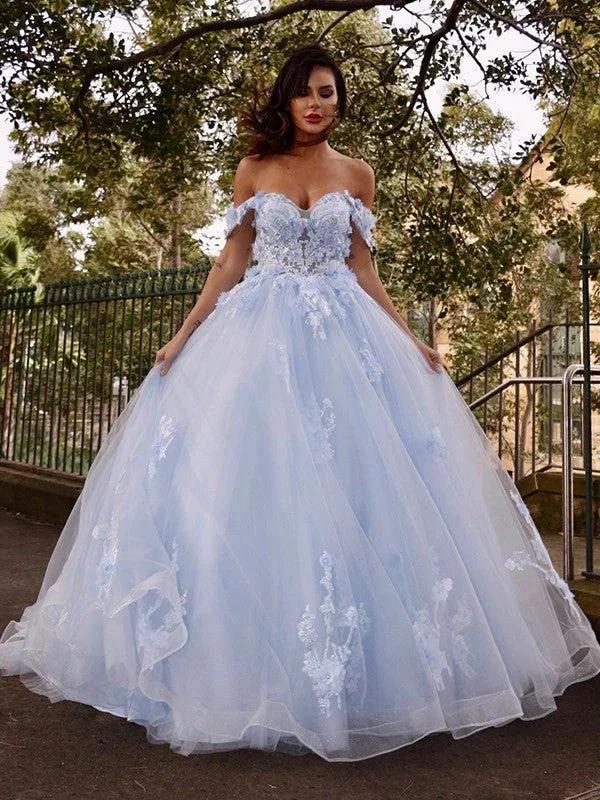 Ball Gown Tulle Applique Off-the-Shoulder Sleeveless Prom Dresses by misshow.com