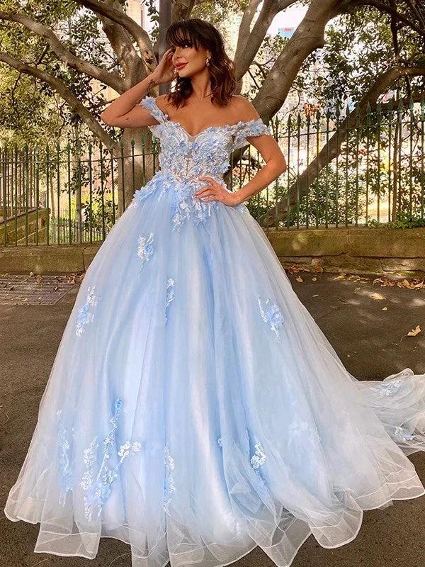 Ball Gown Tulle Applique Off-the-Shoulder Sleeveless Prom Dresses by misshow.com