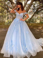 Ball Gown Tulle Applique Off-the-Shoulder Sleeveless Prom Dresses by misshow.com