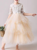 Ball Gown Tulle Jewel Neck Pageant Flower Girl Dresses With Sleeves - photo 1