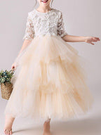 Ball Gown Tulle Jewel Neck Pageant Flower Girl Dresses With Sleeves - photo 1