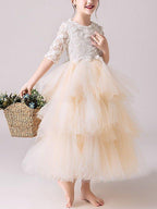 Ball Gown Tulle Jewel Neck Pageant Flower Girl Dresses With Sleeves - photo 2